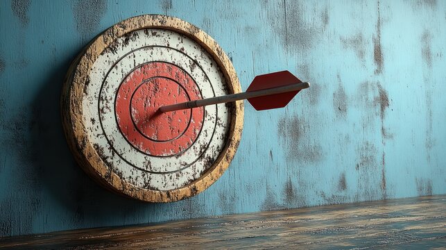 Arrow hitting bullseye on rustic target, wooden wall
