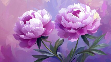 Vibrant peony flowers in full bloom, lush green leaves, soft pastel background. Concept: ethereal beauty of peony flowers, modern art style, dreamy atmosphere, serene colors.