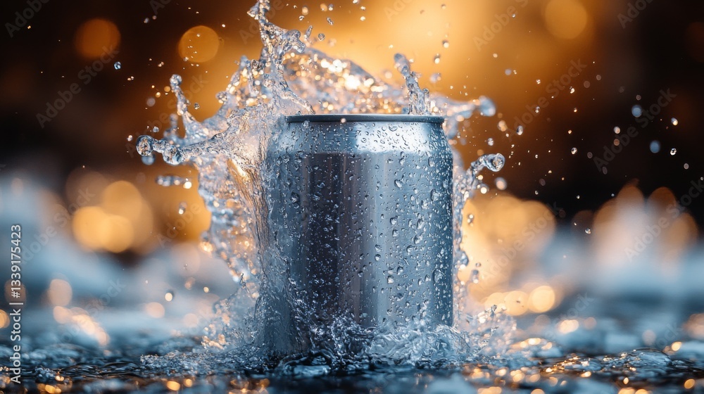 Poster a silver can sits amidst droplets of water, creating a stunning splash effect. the background radiat