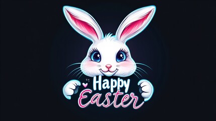 Fototapeta premium Glowing white bunny with pink ear details appears in a digital illustration with large blue eyes and whiskers, holding a 'Happy Easter' neon sign agai