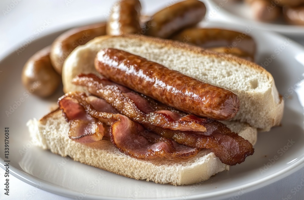Poster delicious close-up of bacon and sausage sandwich on soft bread with additional sausages in backgroun