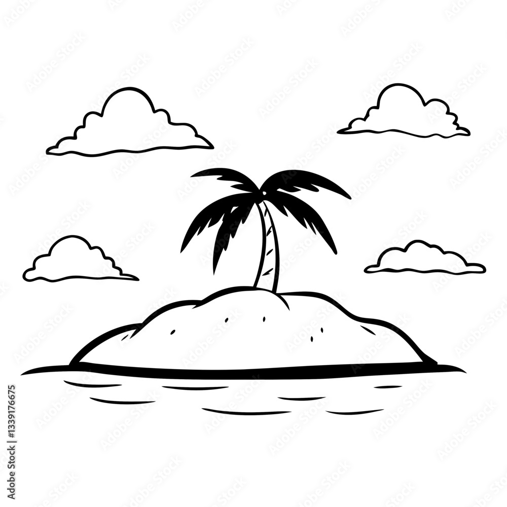 Poster a simple line drawing of a tropical island with a palm tree and fluffy clouds. The island is surrounded by water, creating a serene and isolated scene. vector illustration