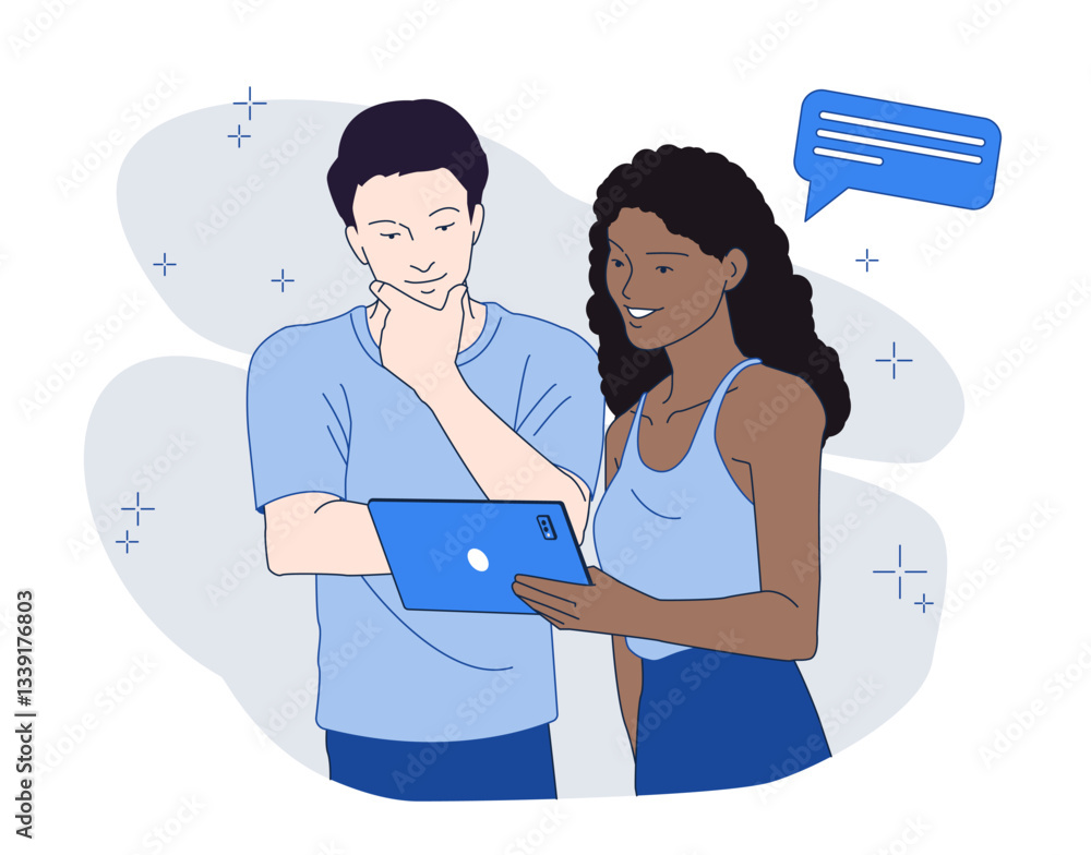 Poster man and a woman discussing digital content on tablet. woman is smiling while showing something on sc