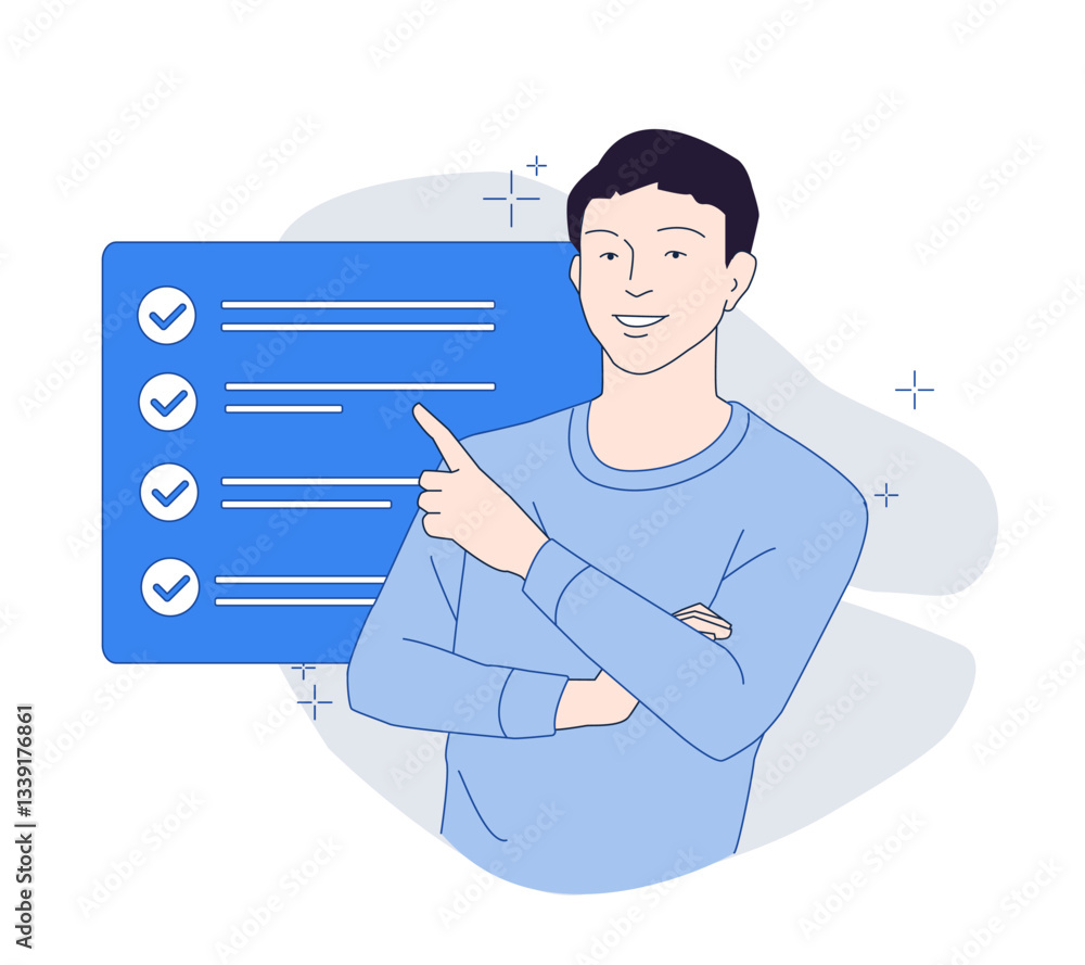 Poster smiling man in a blue sweater points at a checklist board with checkmarks, symbolizing task completi