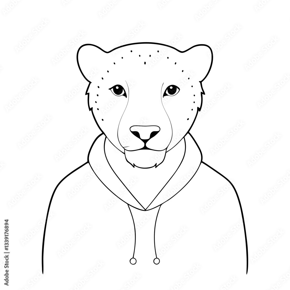 Poster a cheetah with a hoodie, artistic illustration. this image is designed with simple black lines on a 