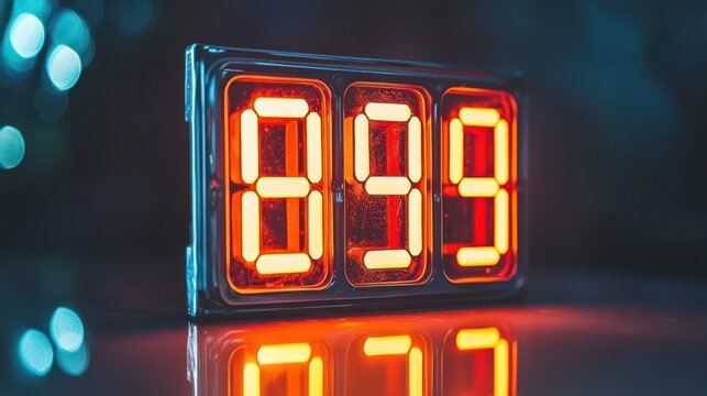 Red digital clock displaying 899 on reflective surface.