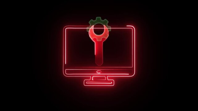 Computer service icon, technical support concept, call center and customer service. Business and technology concept. Businessman shows glowing neon line of computer service icon on virtual screen.