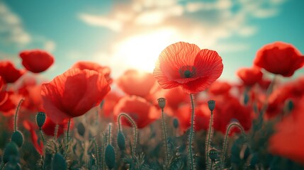 Fototapeta premium Vibrant poppy field under sunset, creating serene atmosphere with blooming flowers. Concept: poppy field embodies beauty, tranquility, warmth, and nature's charm.