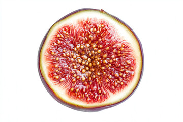 Fresh fig half with deep purplish skin and soft red seedy interior, showcasing its unique texture and vibrant colors. Perfect for culinary presentations or healthy snacks
