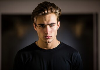 Fototapeta premium Intense portrait of a young man with a serious expression and stylish hair