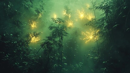 Obraz premium A surreal jungle with glowing plants and mist illuminated by bioluminescent vines 