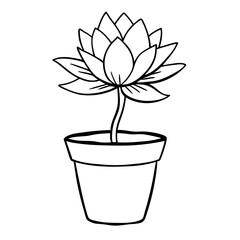 a blooming lotus flower in a pot, minimalist black and white line art
