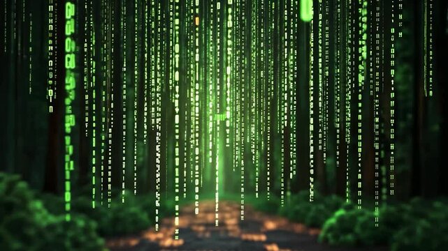 Enchanted forest with cascading green binary code, creating a mystical atmosphere