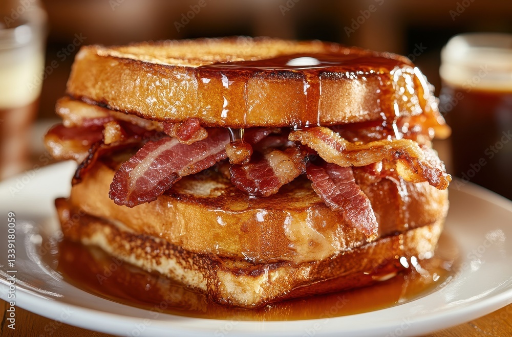 Poster delicious stack of french toast topped with crispy bacon and drizzled with maple syrup on a white pl