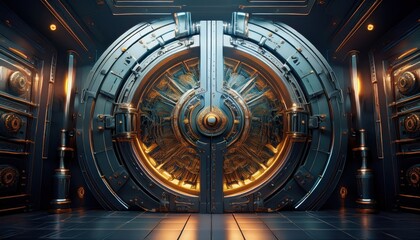 Naklejka premium A modern vault entrance features intricate details and glowing accents in dim light.
