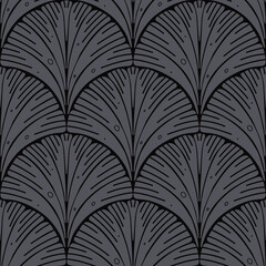 Tropical leaves scallop seamless pattern. Hand drawn jungle branches scalloped shape in grey and black colors. Leafy monochromatic print for textile, clothing design, wallpaper, wrapping paper