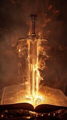 Flaming Sword Piercing Open Book, Fiery Background
