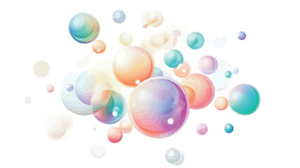 The image shows a cluster of numerous iridescent, translucent bubbles of varying sizes against a white background. The bubbles exhibit a range of pastel colors, including pinks, oranges, blues, and