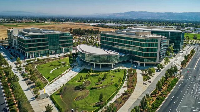 View of Silicon Valley technology campus in San Jose, California showcasing modern architecture and landscaping, Aerial USA San Jose California Silicon Valley Technology travel