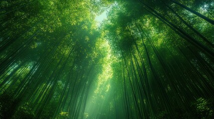 Bamboo forest canopy with light rays, upward view