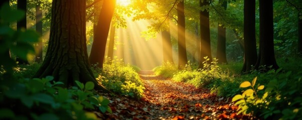 Obraz premium Golden light streams through leaves, creating a path in the woods , pathway, nature, texture