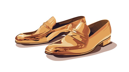 Naklejka premium Digital illustration depicting a pair of gold-colored men's loafer shoes. The shoes are highly polished, exhibiting a reflective surface that showcases highlights and shadows. The style is classic