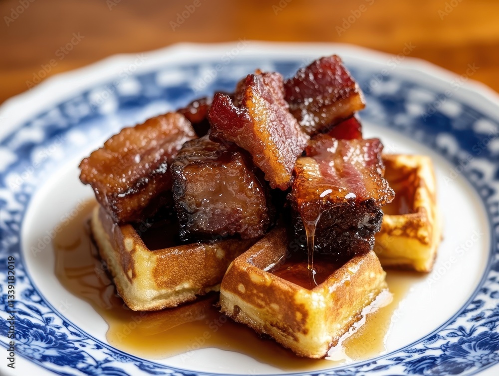 Poster deliciously decadent waffle stack topped with crispy bacon and drizzled with maple syrup on a blue p