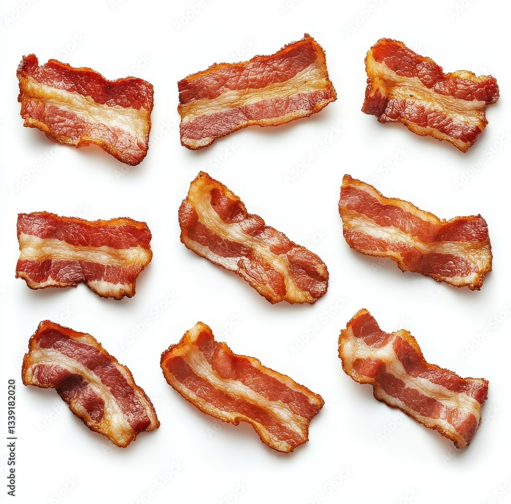 Poster deliciously crispy cooked bacon slices arranged in a fun pattern on a clean white background ideal f