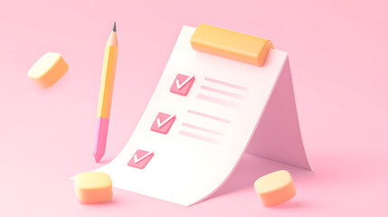 Professional 3D Illustration of Pencil and Sheet of Paper with To-Do List for Productivity and Task Management