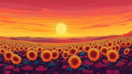 Vibrant sunflower field at sunset. Warm colors fill sky, red sunflowers with lush green leaves create serene beauty. Concept: sunflower field in pop art style, bold colors.
