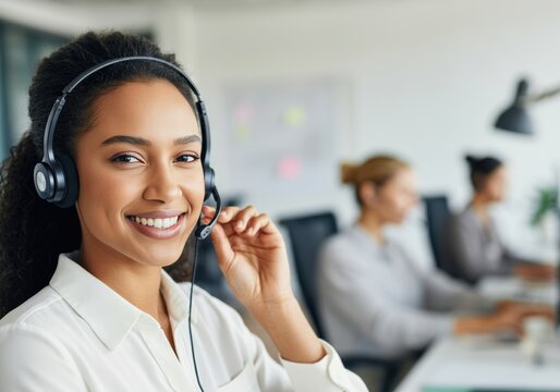 Smiling woman wearing a headset in a modern office environment