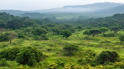Obraz premium Serene Green Landscape: A Misty Morning in the African Savannah