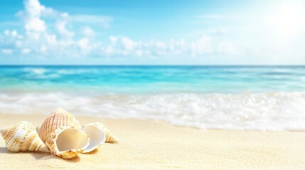 Seashells on the Shore: A tranquil scene of seashells scattered on a sandy beach, with the ocean's gentle waves and clear blue sky in the backdrop, evoking feelings of peace and serenity.