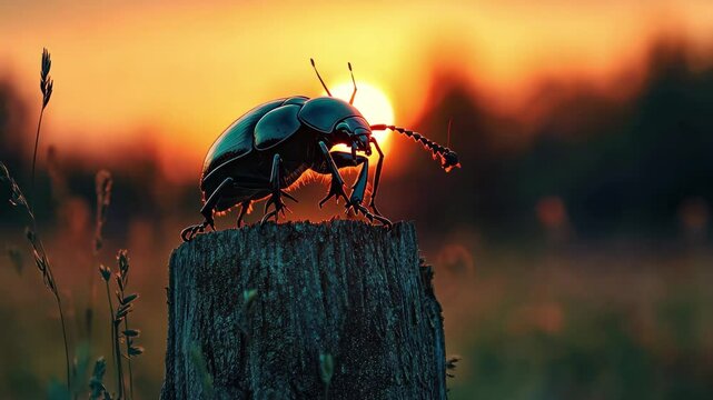 Beetle perched on a stump during a vibrant evening sunset, beetle sits on a stump in the evening