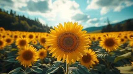 Obraz premium Bright yellow sunflowers dominate sunflower field, against clear blue sky, fluffy clouds, serene atmosphere. Concept: sunflower field embodies beauty and tranquility.