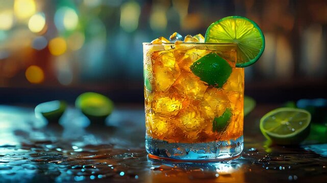 A refreshing glass of cocktail with fresh limes, mint, and ice cubes on a dark wet surface