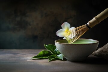 Close-up of matcha tea being whisked in a ceramic bowl, soft natural shadows, clean composition.