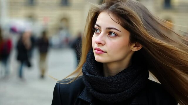 Girl walking in the square near the Louvre, showcasing elegance and confidence in Paris, Attractive girl walking in the square near the Louvre in Paris