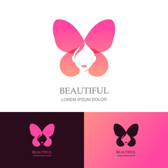 Butterfly and female face icon. Woman logo sign design. Vector illustration. Concept for beauty salon, cosmetic label
