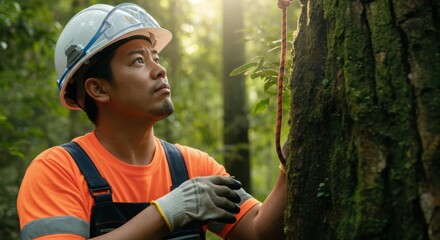 Asian male arborist in hard hat examining mossy tree in forest environment