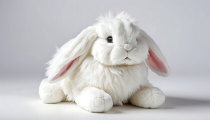 Fototapeta premium Cute White Lop-Eared Bunny Plush Toy Sitting on Soft Background