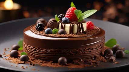big chocolate cake and fruits