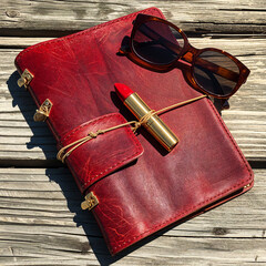 Naklejka premium Red Leather Journal, Sunglasses, and Lipstick on Wooden Background