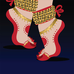 This vibrant digital illustration captures the elegance and rhythm of classical dance through the poised feet of a dancer adorned with ghungroos (ankle bells). 