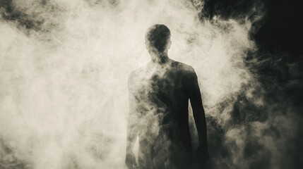 Obraz premium Figure emerges mysteriously from swirling smoke in a dark, enigmatic atmosphere at twilight