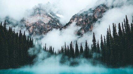 Misty mountain scenery with foggy lake and pine trees