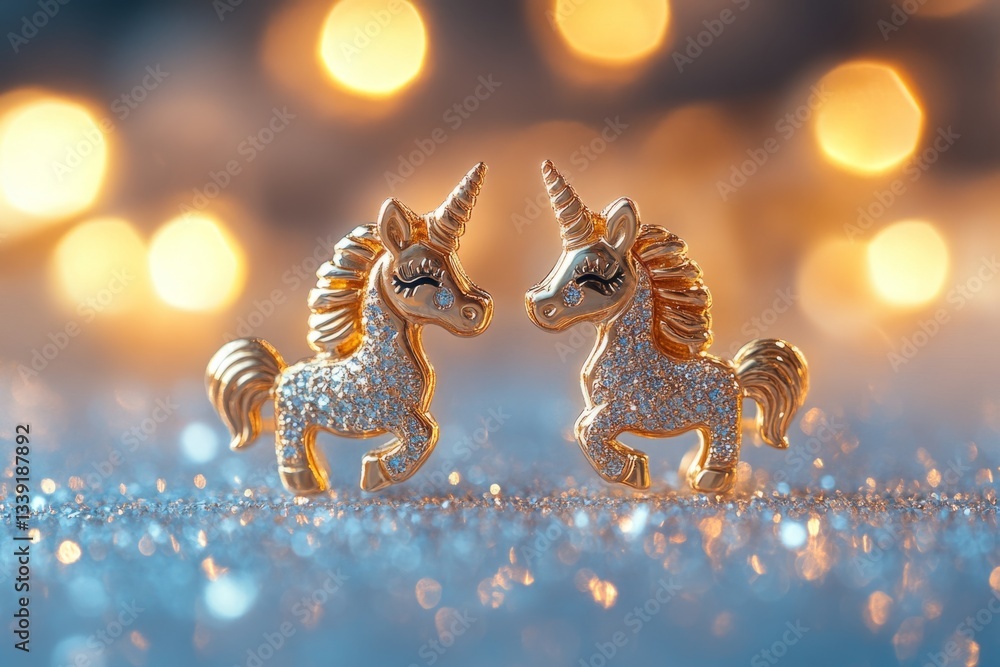 Poster golden unicorn figurines sparkling on glitter with warm bokeh lights in the background create a magi