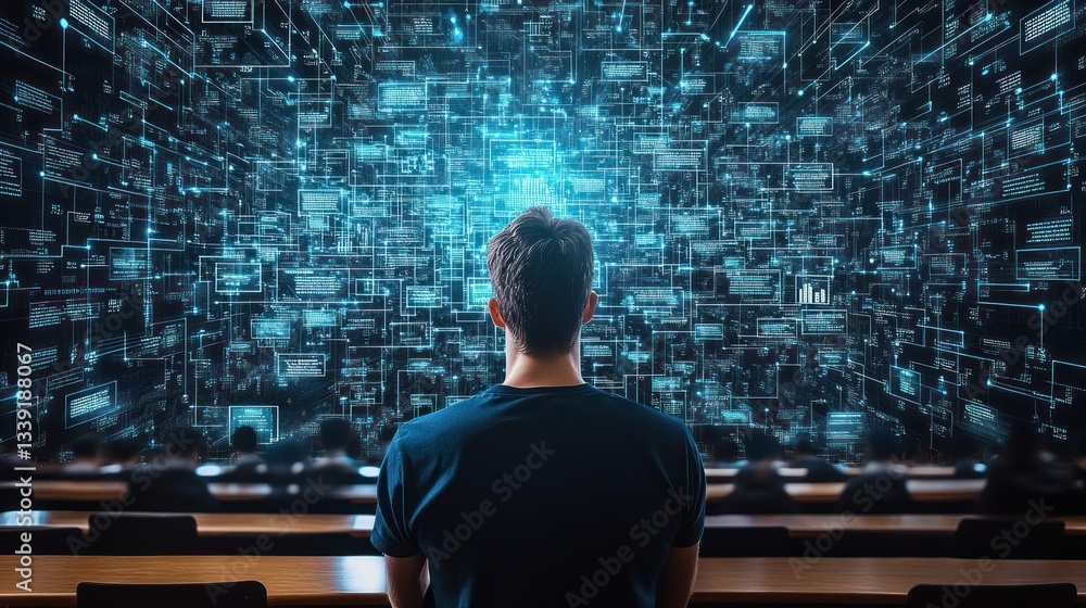 Poster man contemplating immense data network