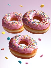 Three pink glazed donuts floating with colorful sprinkles on pink background