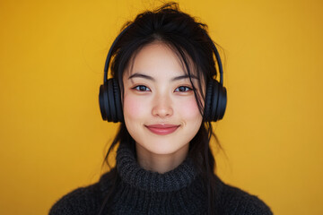A smiling Asian girl with headphones on her head, set against a yellow background, embodying the pleasure of listening to music or studying in a relaxed and joyful moment